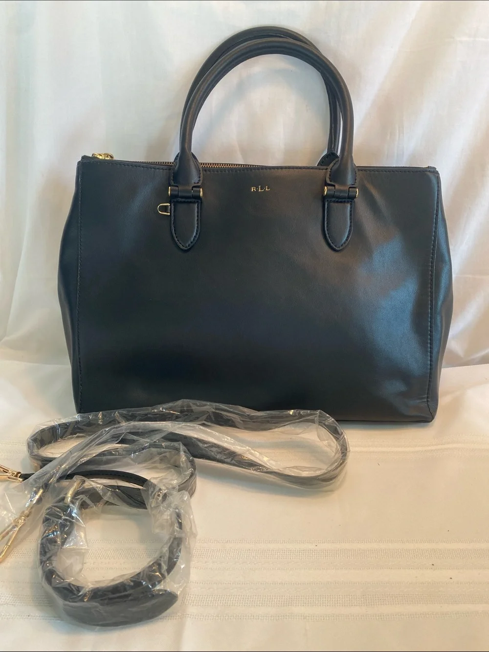 Lauren Ralph Lauren Newbury Black Double Zip Satchel Handbag with Top Handles
